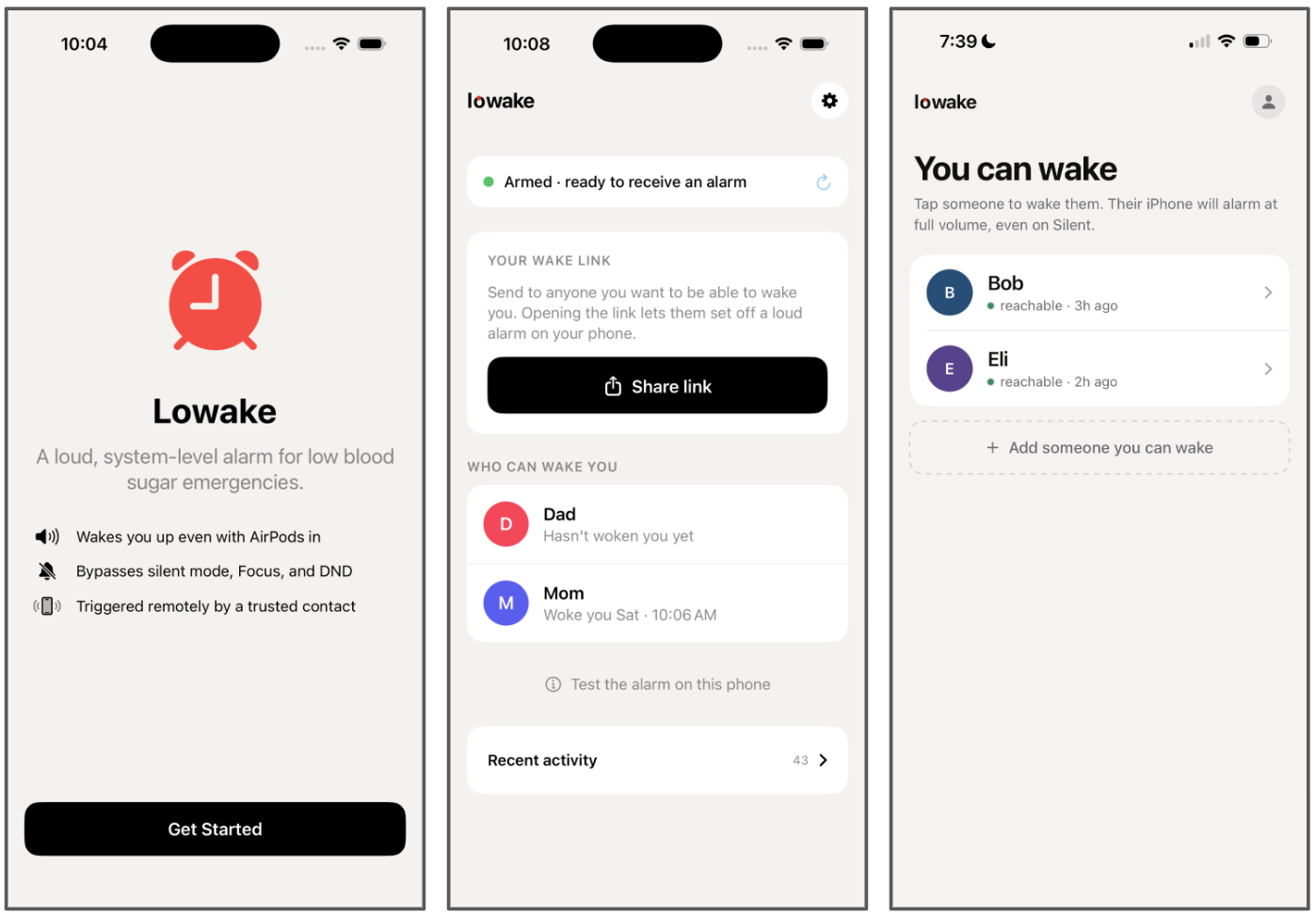 Three Lowake screens: the welcome screen, the trusted contacts list with a test-alarm button, and a caregiver's wake page with a 'Send alarm now' button.